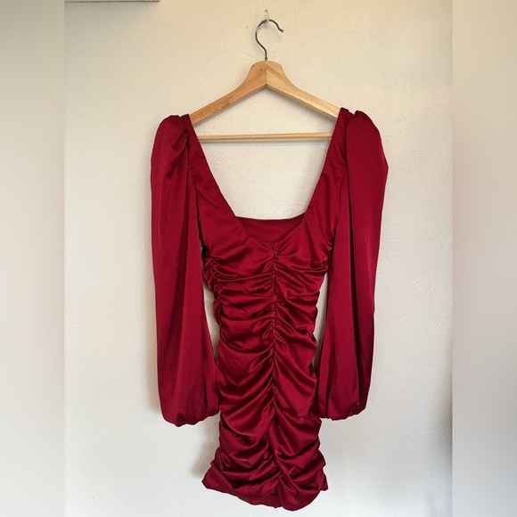 Oh Polly Red Ruched Puff Sleeve Square Neck Satin Effect Holiday Mini Dress - Picture 6 of 13